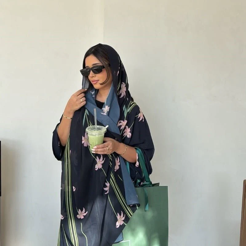 Black Floral Print Abaya Set | Lightweight Breathable Cardigan with Matching Hijab(MOA230) - Image 4