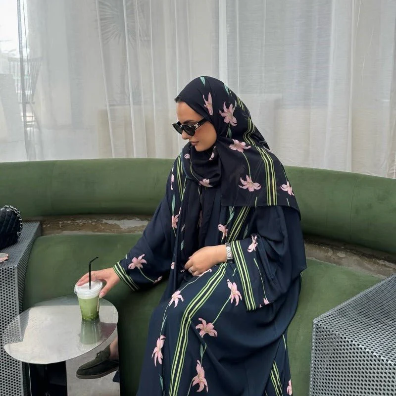 Black Floral Print Abaya Set | Lightweight Breathable Cardigan with Matching Hijab(MOA230) - Image 6