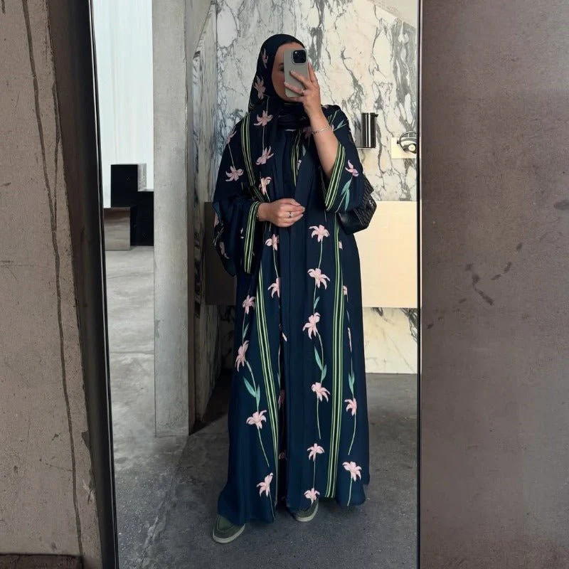 Black Floral Print Abaya Set | Lightweight Breathable Cardigan with Matching Hijab(MOA230) - Image 7