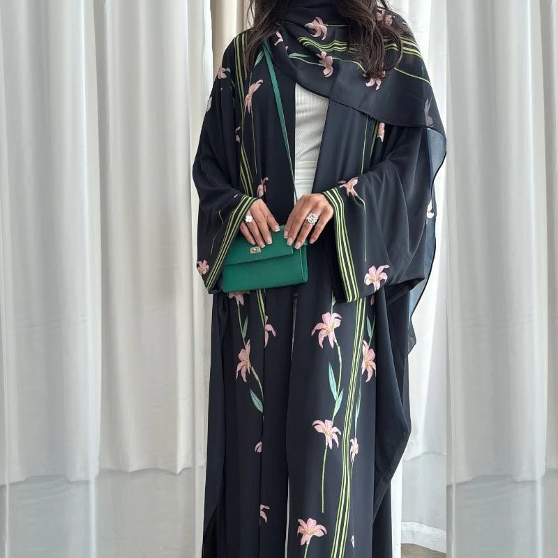 Black Floral Print Abaya Set | Lightweight Breathable Cardigan with Matching Hijab(MOA230) - Image 8