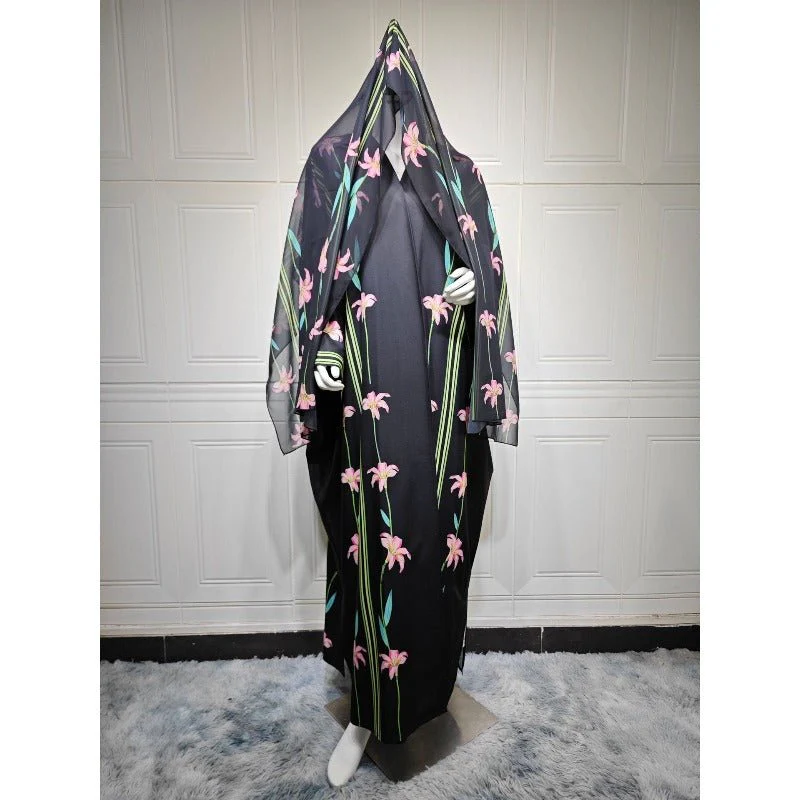 Black Floral Print Abaya Set | Lightweight Breathable Cardigan with Matching Hijab(MOA230) - Image 9