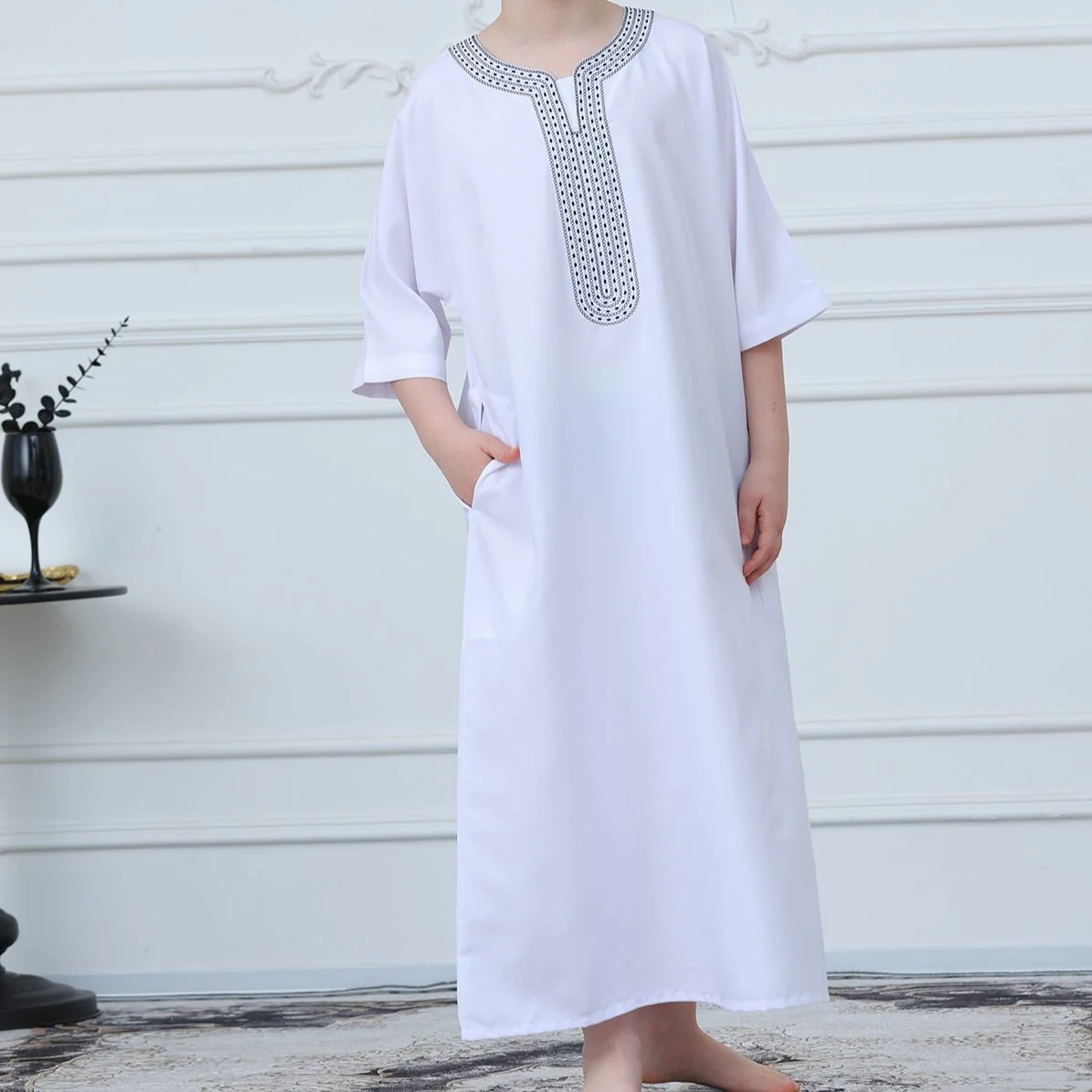 Black Geometric Trim Islamic Thobe(MKB018) - Image 6