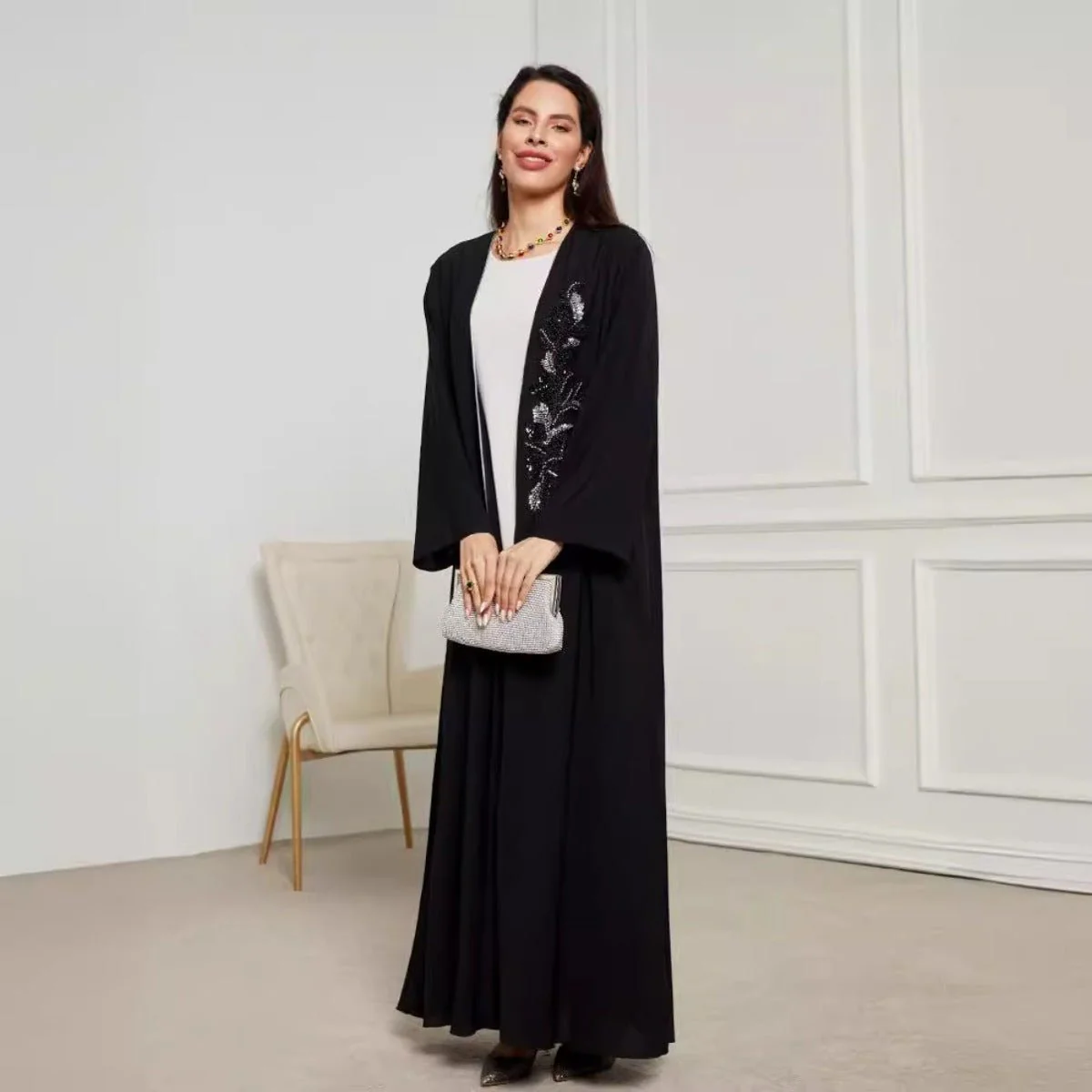Black & Silver Embroidered Open Front Robe - Modest Elegant Abaya(MOA216) - Image 3