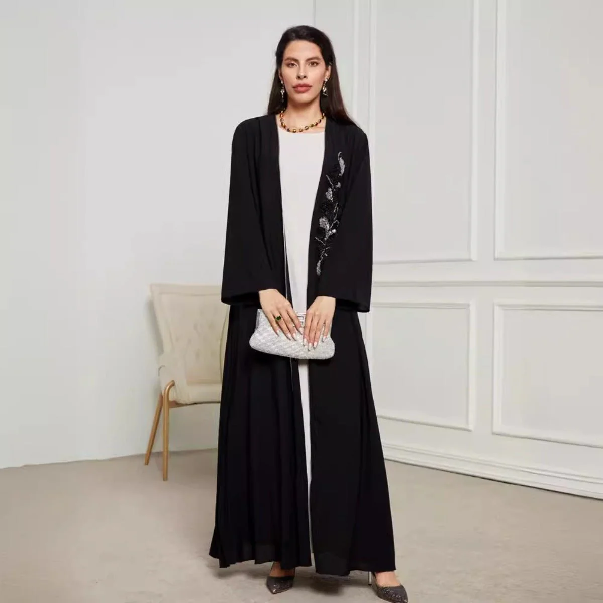 Black & Silver Embroidered Open Front Robe - Modest Elegant Abaya(MOA216) - Image 4