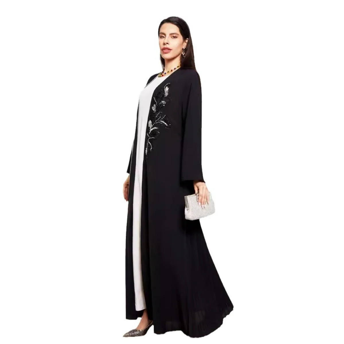 Black & Silver Embroidered Open Front Robe - Modest Elegant Abaya(MOA216) - Image 6