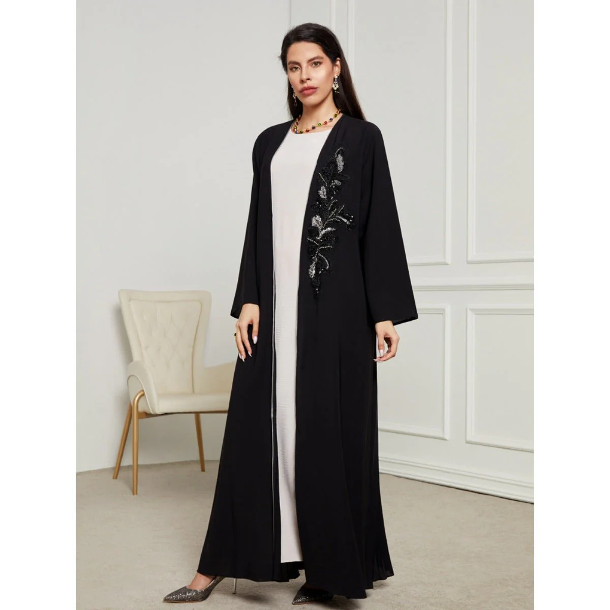 Black & Silver Embroidered Open Front Robe - Modest Elegant Abaya(MOA216) - Image 7