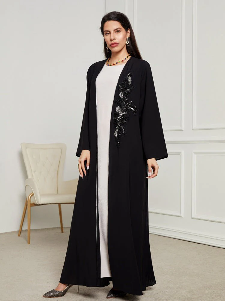Black & Silver Embroidered Open Front Robe - Modest Elegant Abaya(MOA216) - Image 8