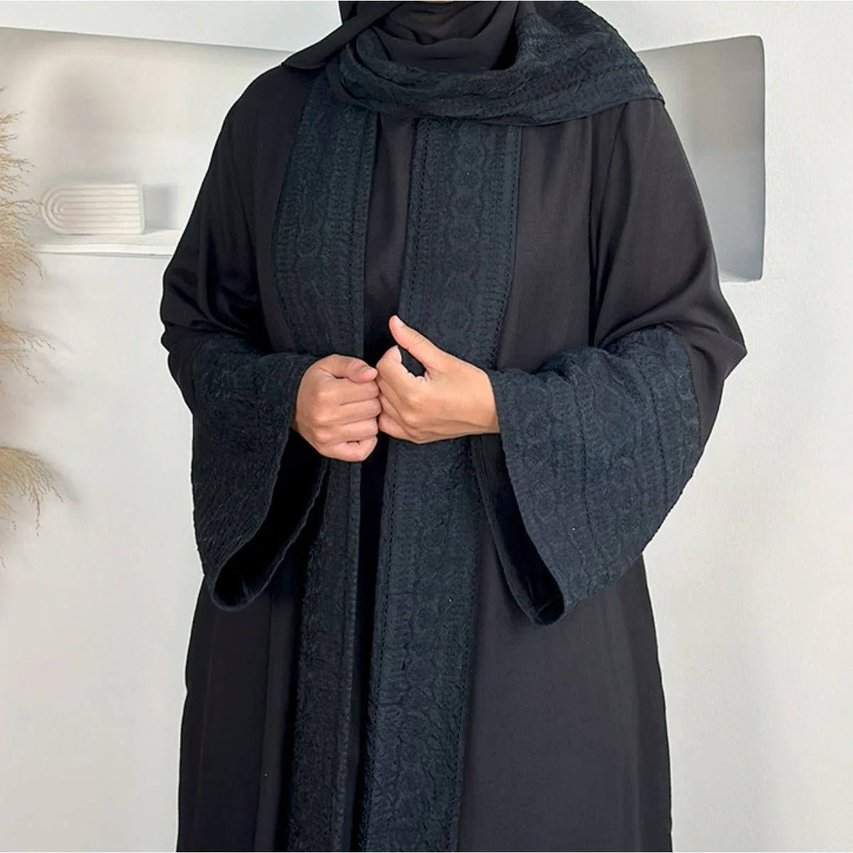 Blossom Elegance Modest Luxury 3-Piece Abaya Set | Pink & Beige Bell Sleeve Robe with Inner Dress & Hijab (MOA193) - Image 10
