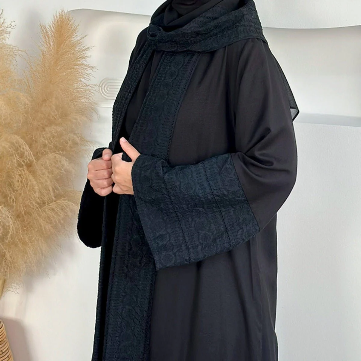 Blossom Elegance Modest Luxury 3-Piece Abaya Set | Pink & Beige Bell Sleeve Robe with Inner Dress & Hijab (MOA193) - Image 11