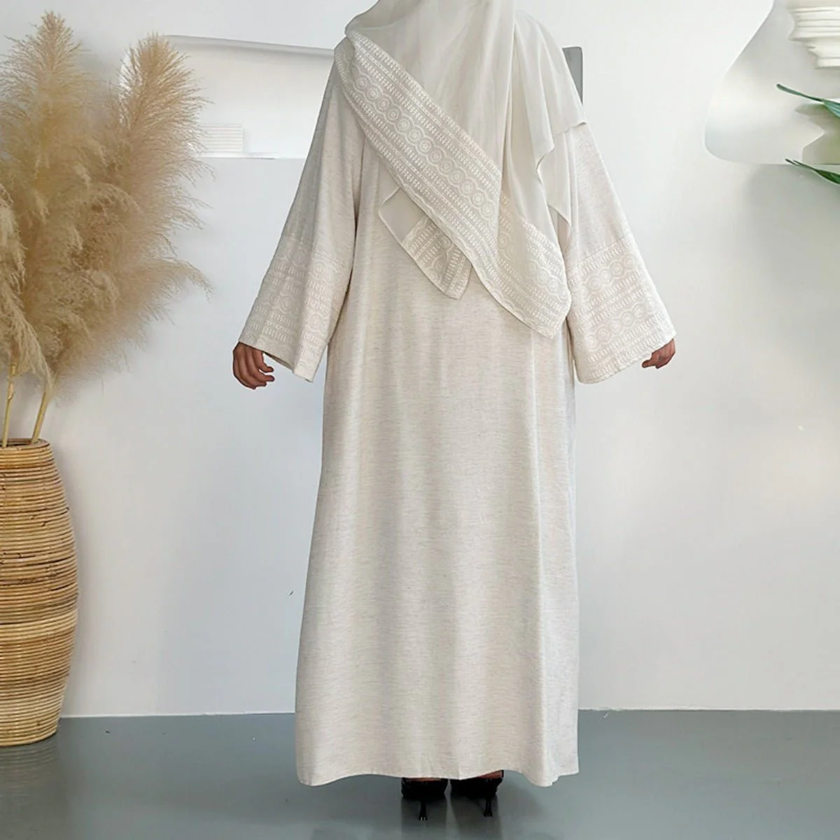 Blossom Elegance Modest Luxury 3-Piece Abaya Set | Pink & Beige Bell Sleeve Robe with Inner Dress & Hijab (MOA193) - Image 14