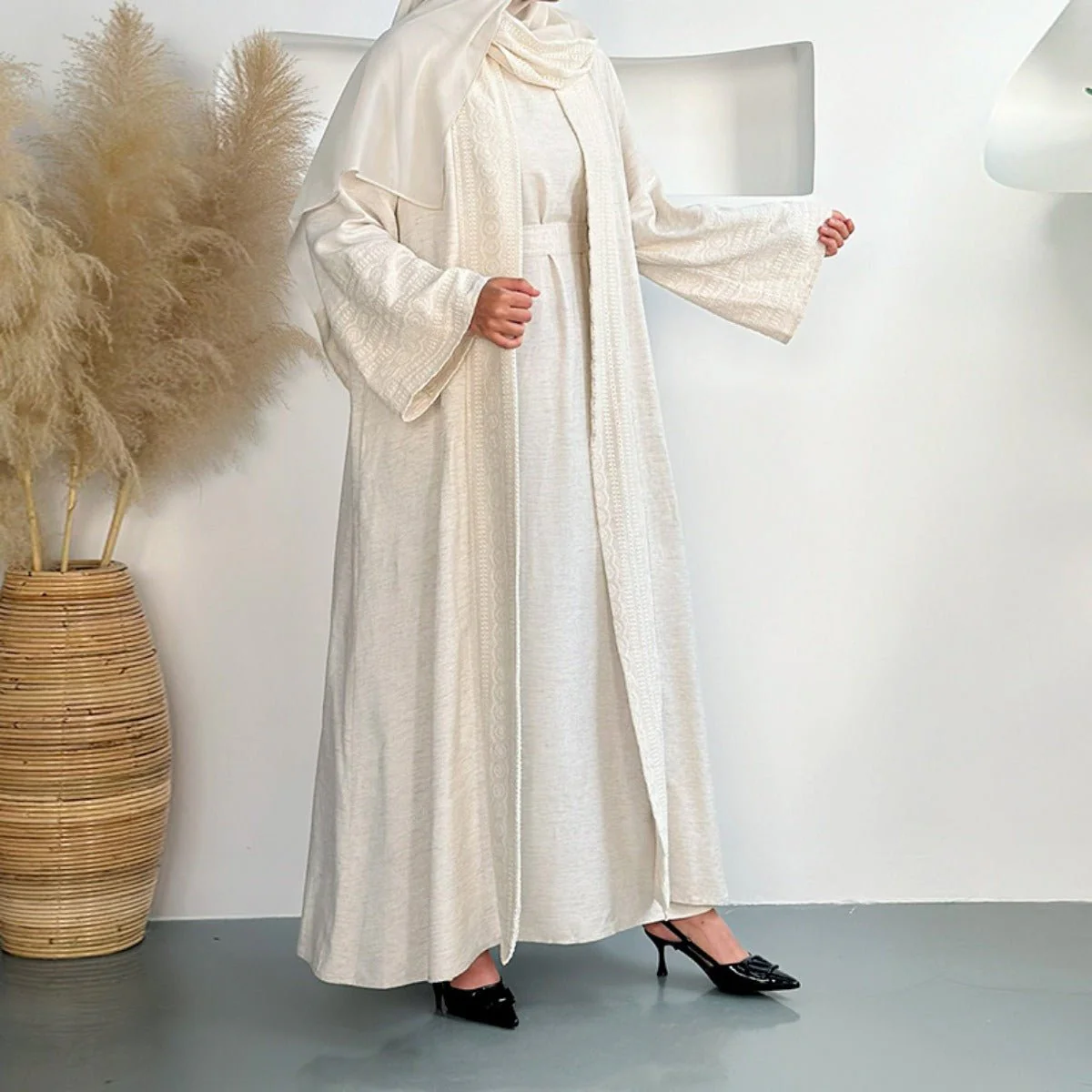 Blossom Elegance Modest Luxury 3-Piece Abaya Set | Pink & Beige Bell Sleeve Robe with Inner Dress & Hijab (MOA193) - Image 15