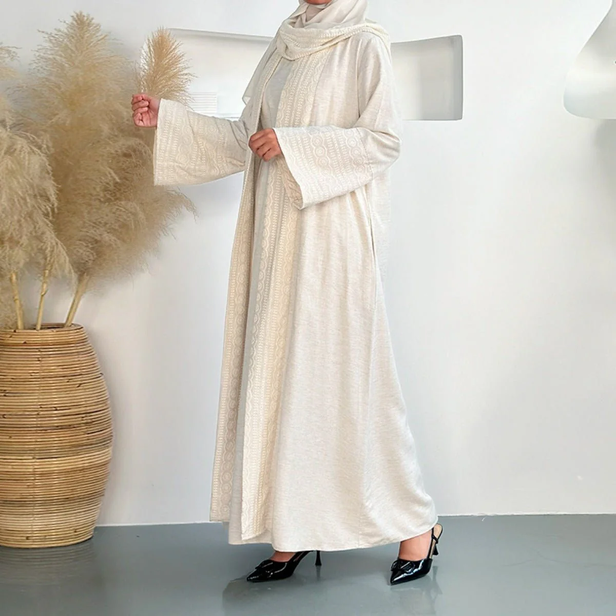 Blossom Elegance Modest Luxury 3-Piece Abaya Set | Pink & Beige Bell Sleeve Robe with Inner Dress & Hijab (MOA193) - Image 16