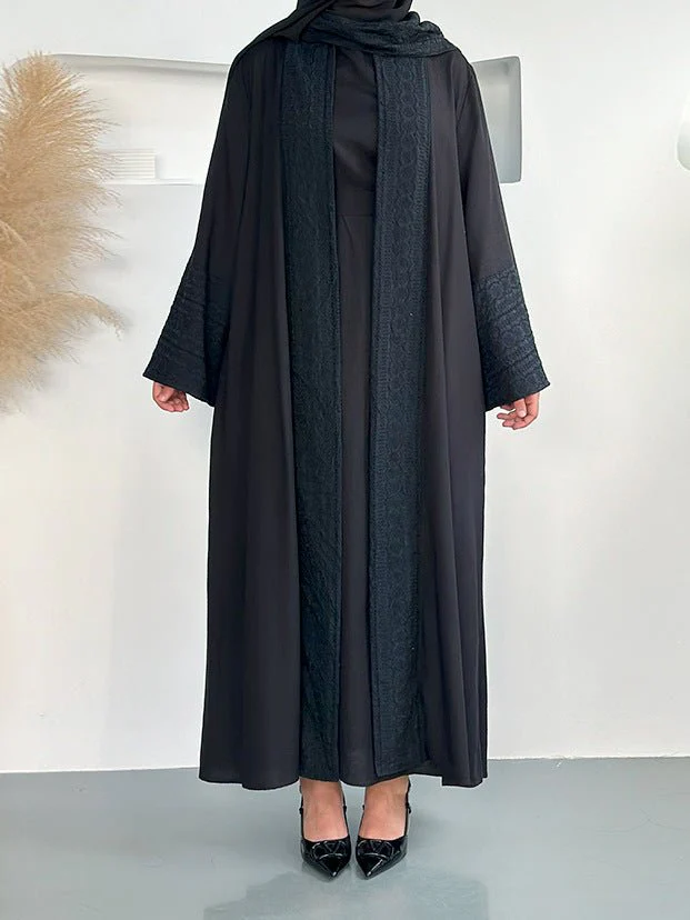 Blossom Elegance Modest Luxury 3-Piece Abaya Set | Pink & Beige Bell Sleeve Robe with Inner Dress & Hijab (MOA193) - Image 18