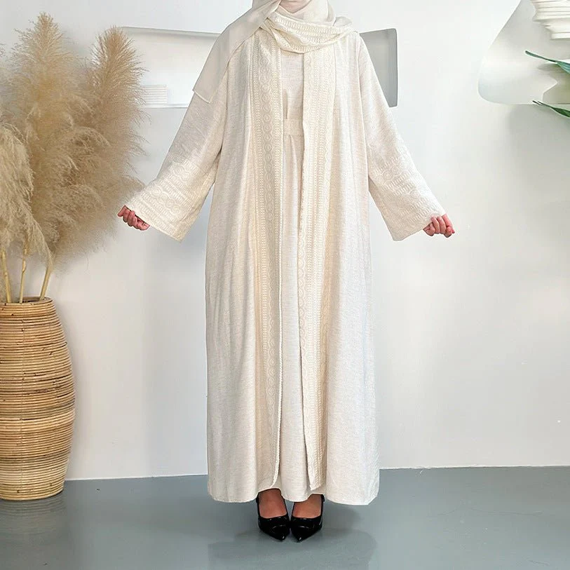 Blossom Elegance Modest Luxury 3-Piece Abaya Set | Pink & Beige Bell Sleeve Robe with Inner Dress & Hijab (MOA193) - Image 19