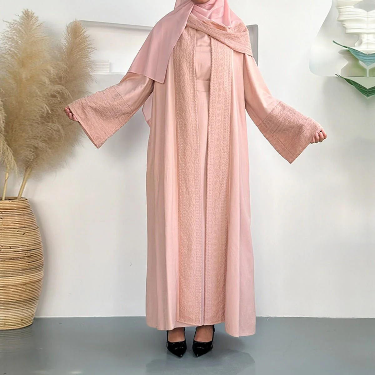 Blossom Elegance Modest Luxury 3-Piece Abaya Set | Pink & Beige Bell Sleeve Robe with Inner Dress & Hijab (MOA193) - Image 3