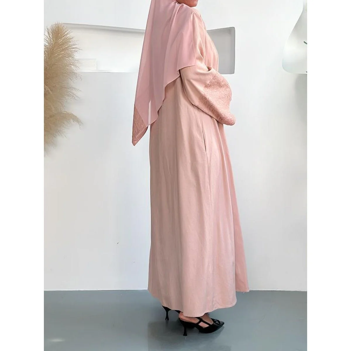 Blossom Elegance Modest Luxury 3-Piece Abaya Set | Pink & Beige Bell Sleeve Robe with Inner Dress & Hijab (MOA193) - Image 4