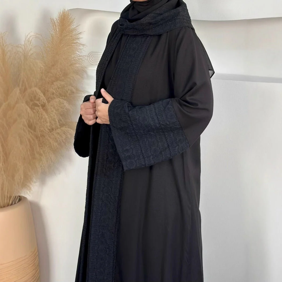 Blossom Elegance Modest Luxury 3-Piece Abaya Set | Pink & Beige Bell Sleeve Robe with Inner Dress & Hijab (MOA193) - Image 5