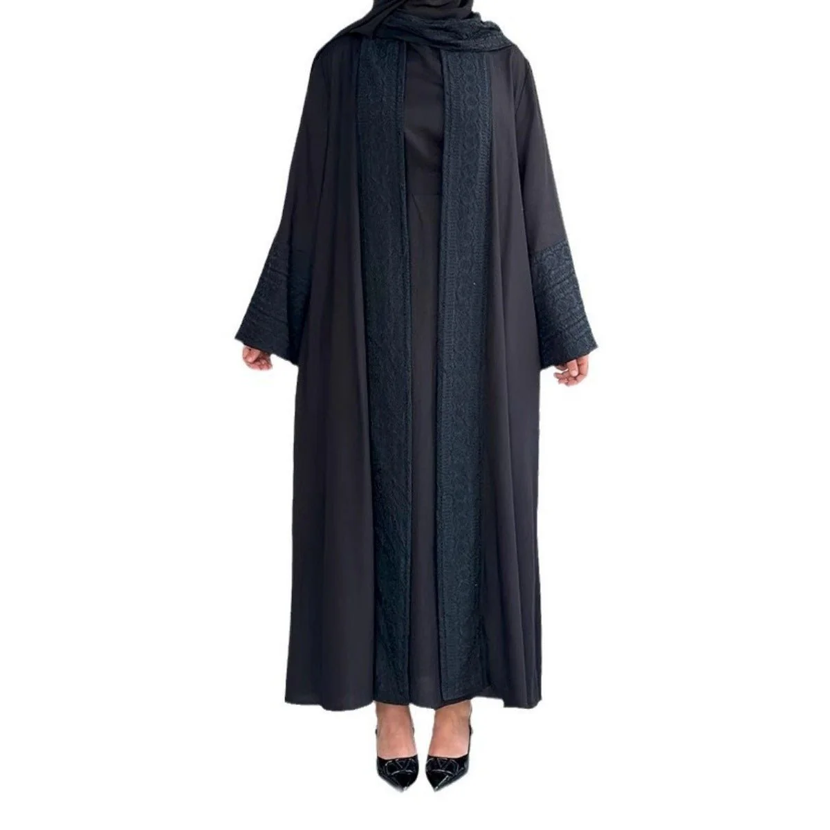 Blossom Elegance Modest Luxury 3-Piece Abaya Set | Pink & Beige Bell Sleeve Robe with Inner Dress & Hijab (MOA193) - Image 6