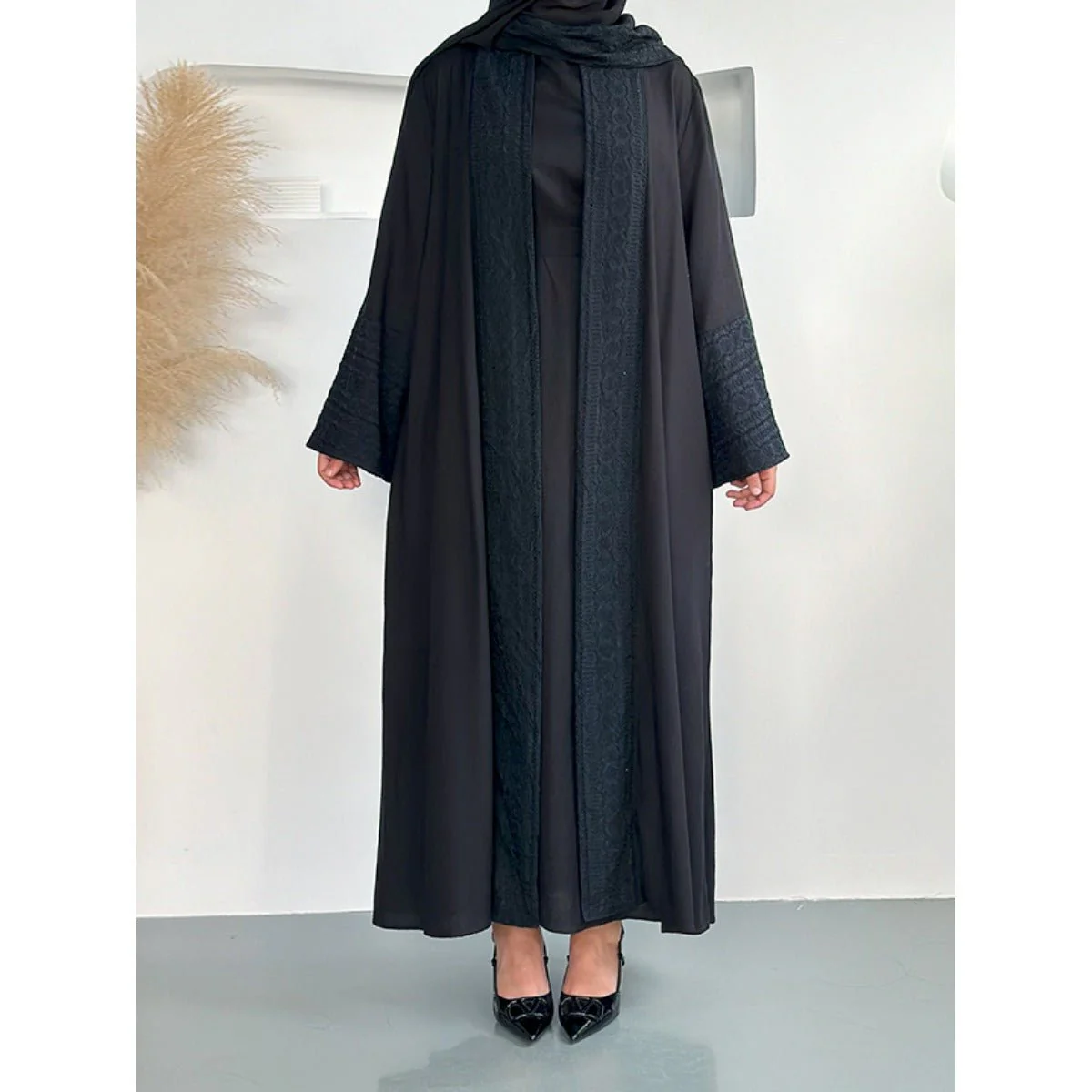 Blossom Elegance Modest Luxury 3-Piece Abaya Set | Pink & Beige Bell Sleeve Robe with Inner Dress & Hijab (MOA193) - Image 7