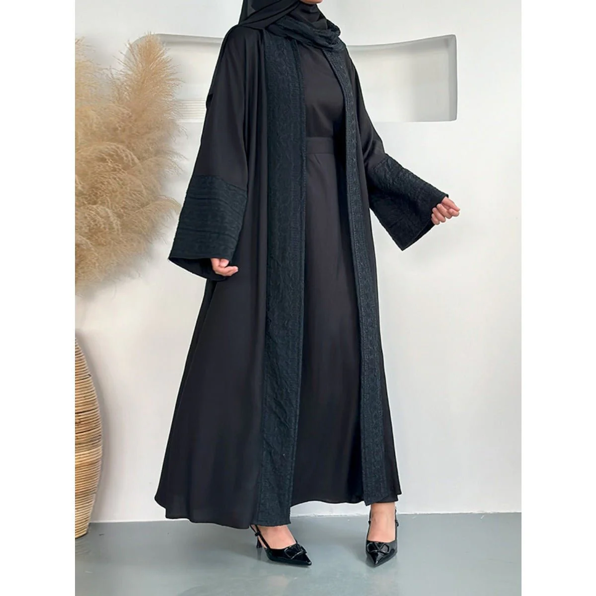 Blossom Elegance Modest Luxury 3-Piece Abaya Set | Pink & Beige Bell Sleeve Robe with Inner Dress & Hijab (MOA193) - Image 8