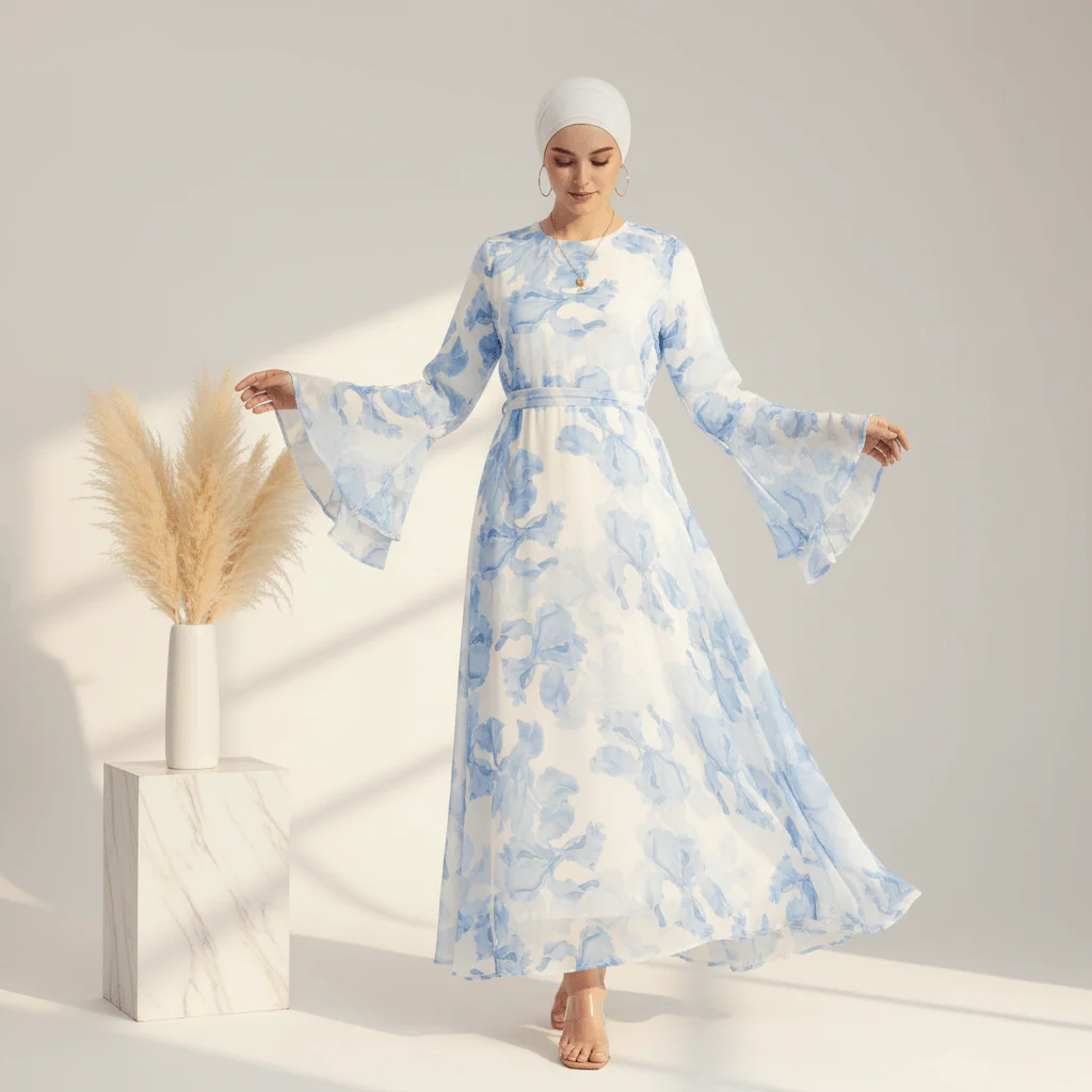 Blossom Printed Chiffon Abaya | Flared Sleeve Abaya (MA149) - Image 14