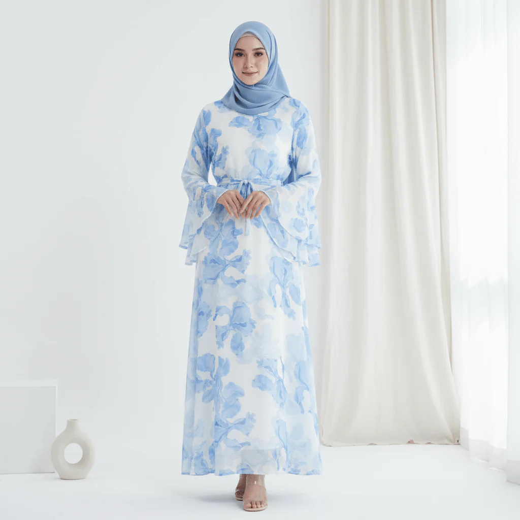 Blossom Printed Chiffon Abaya | Flared Sleeve Abaya (MA149) - Image 5