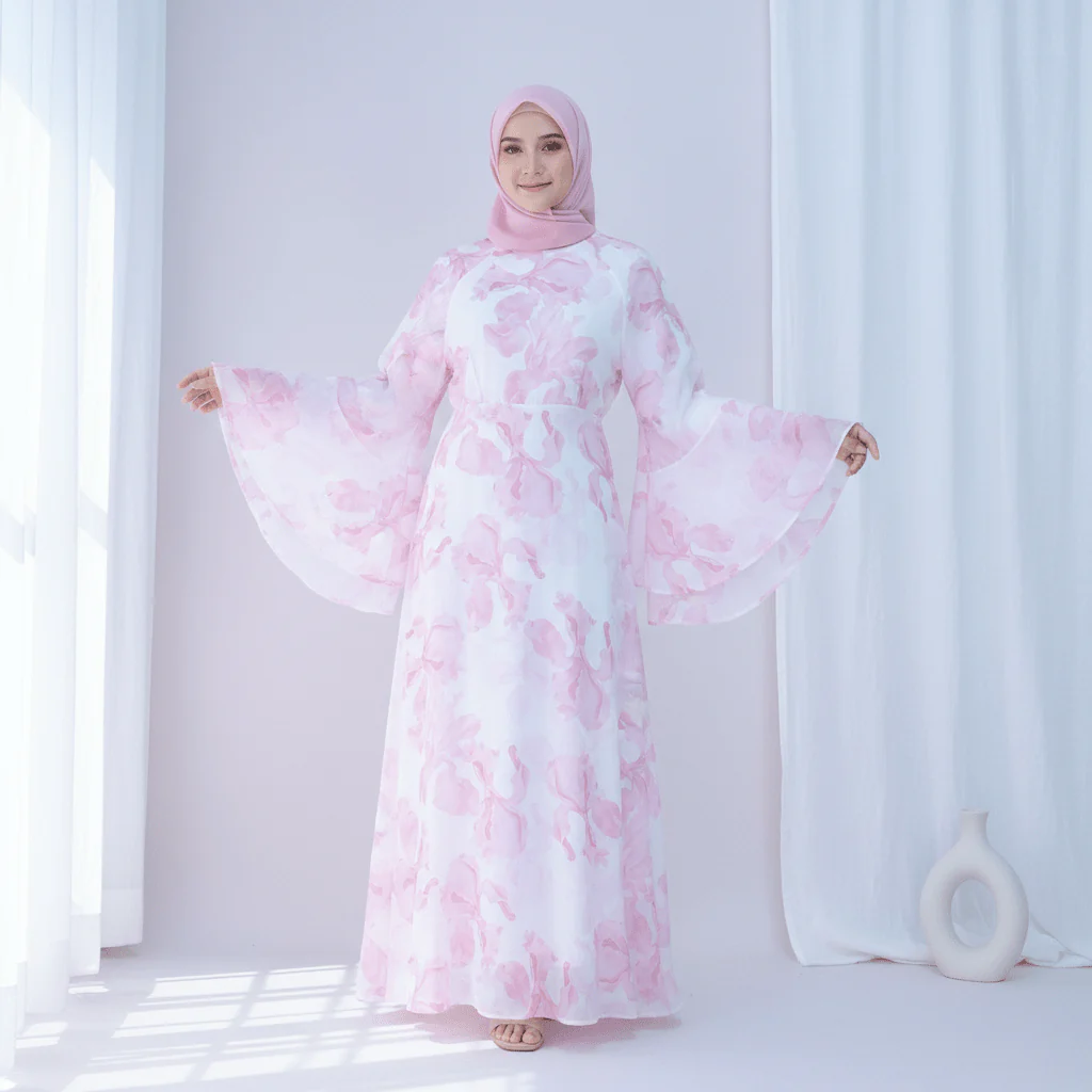 Blossom Printed Chiffon Abaya | Flared Sleeve Abaya (MA149) - Image 7
