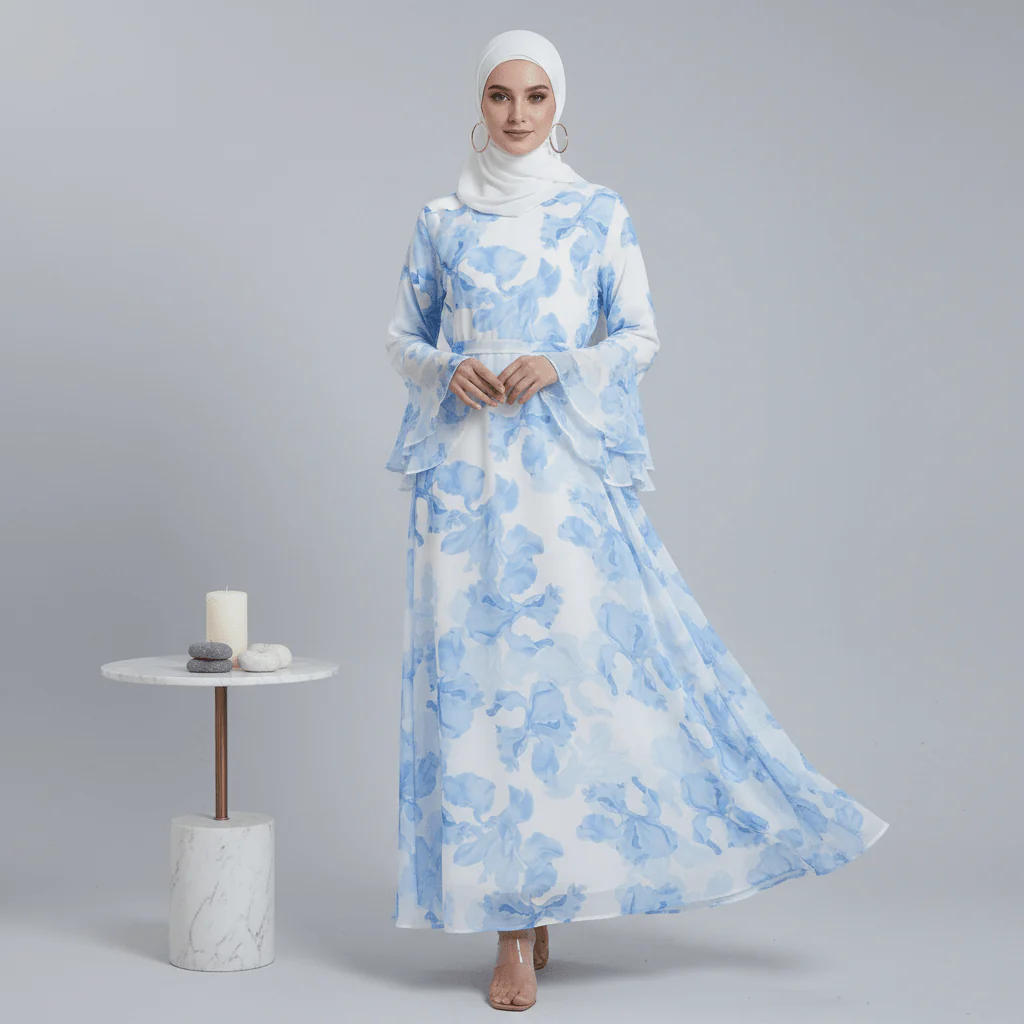 Blossom Printed Chiffon Abaya | Flared Sleeve Abaya (MA149) - Image 8