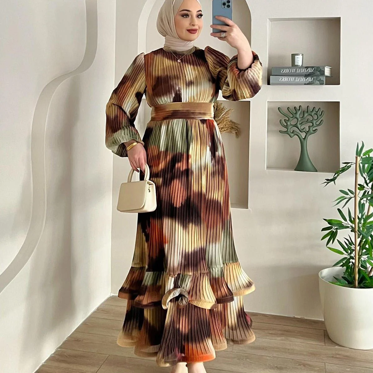Bohemian Earth-Tone Maxi Dress Long Sleeve Crew Neck Pleated Dress (MA237) - Image 2