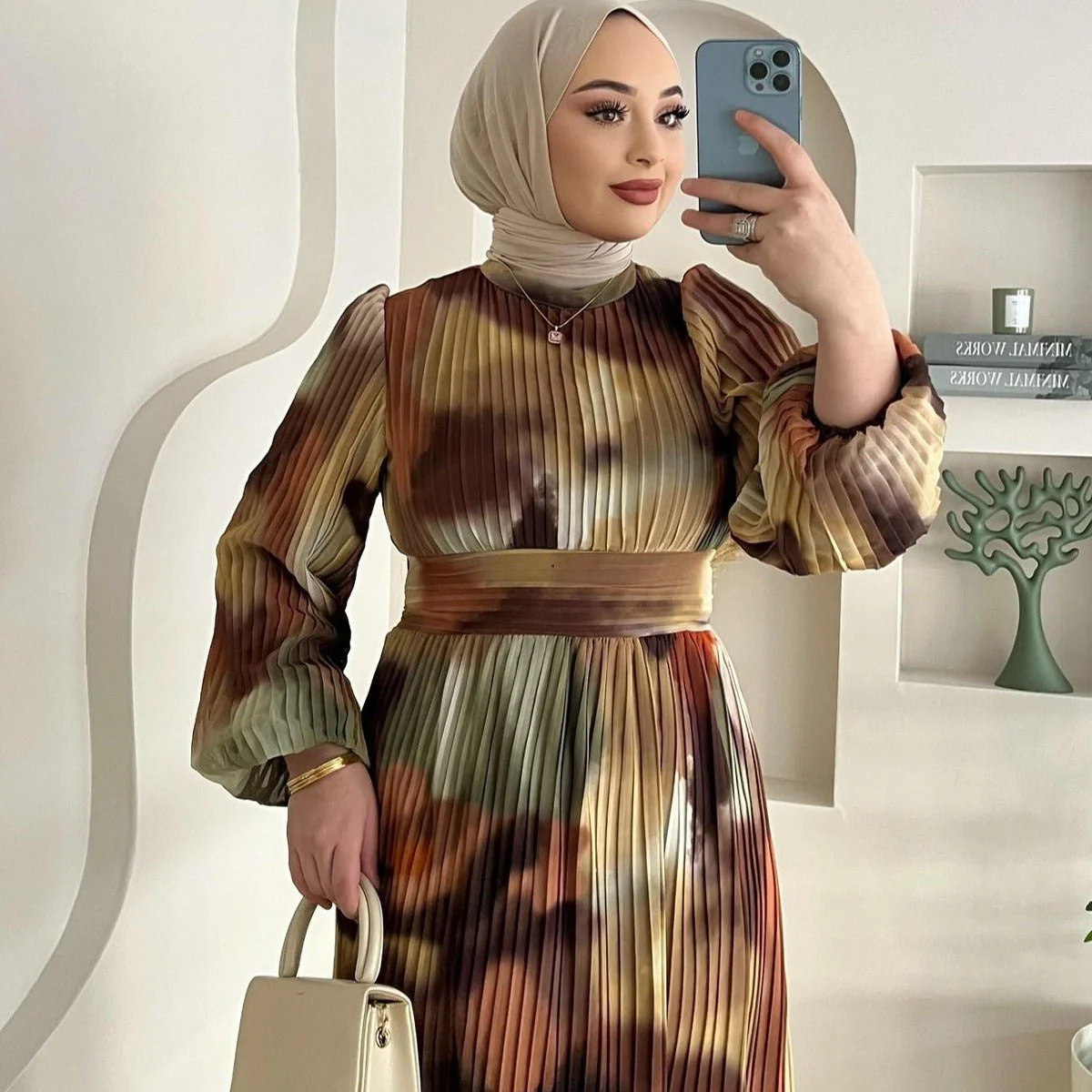 Bohemian Earth-Tone Maxi Dress Long Sleeve Crew Neck Pleated Dress (MA237) - Image 3