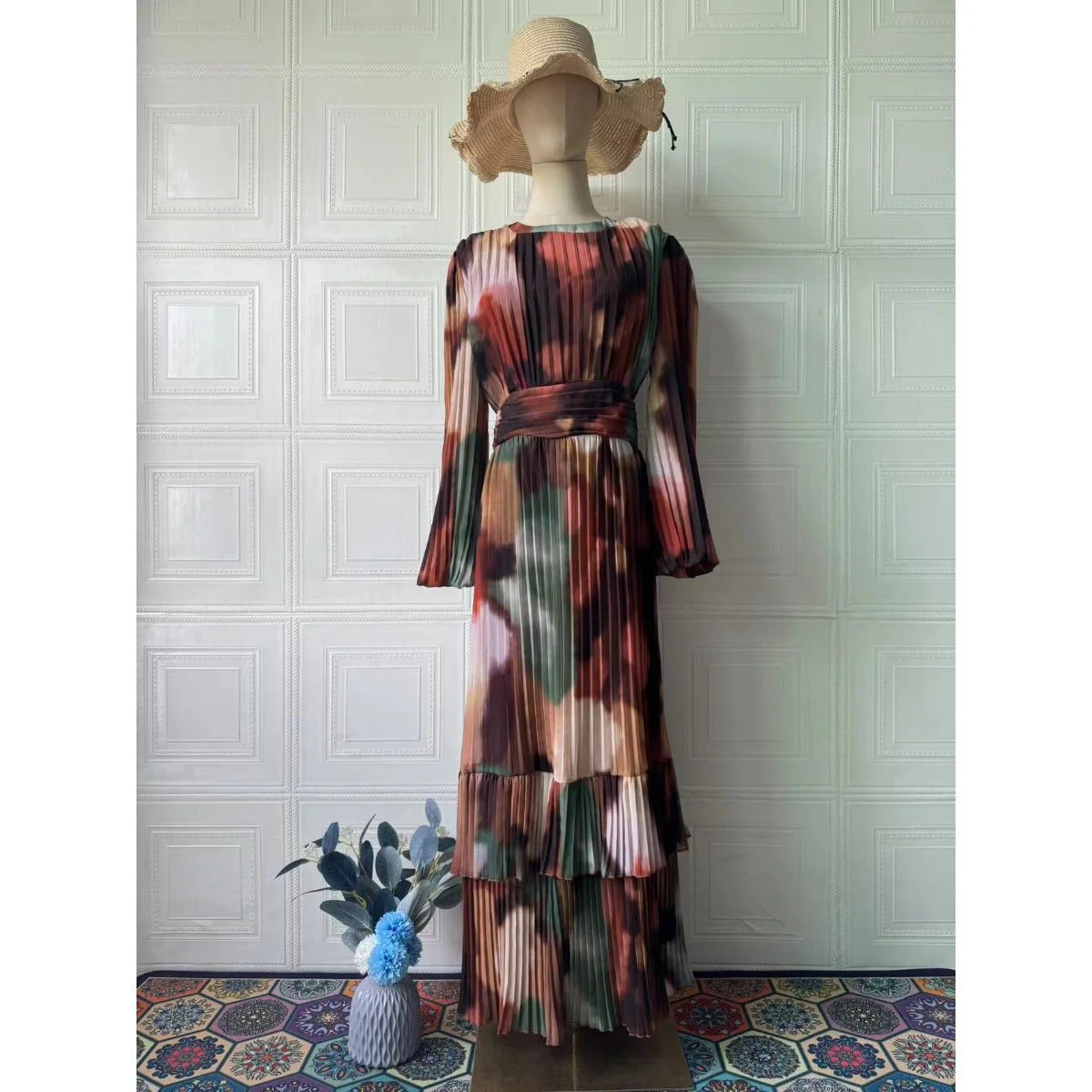Bohemian Earth-Tone Maxi Dress Long Sleeve Crew Neck Pleated Dress (MA237) - Image 5