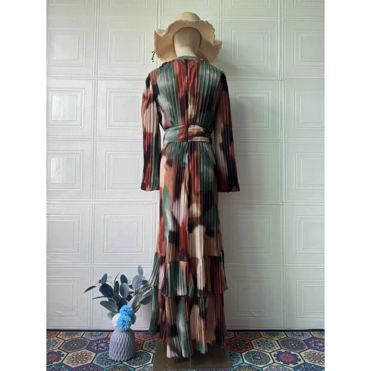 Bohemian Earth-Tone Maxi Dress Long Sleeve Crew Neck Pleated Dress (MA237) - Image 6