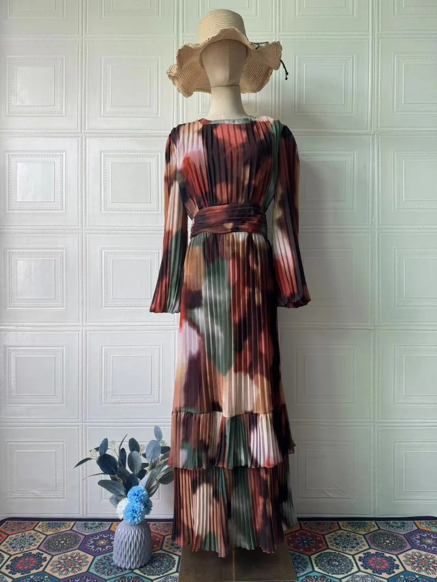 Bohemian Earth-Tone Maxi Dress Long Sleeve Crew Neck Pleated Dress (MA237) - Image 7
