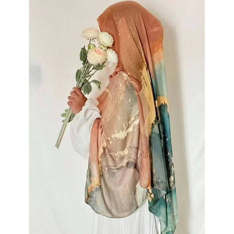 Bohemian Watercolor Marble Hijab | Muslim Women's Artistic Modal Headscarf in Ombre(MH124) - Image 15