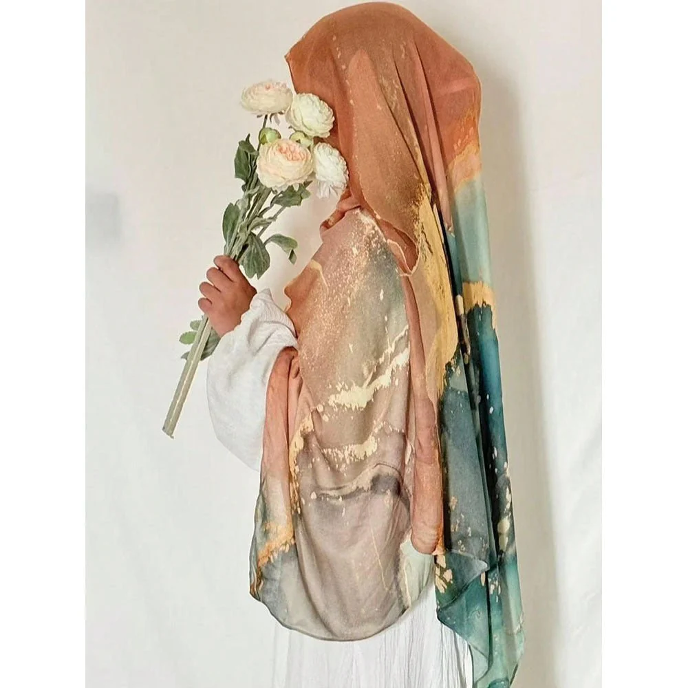 Bohemian Watercolor Marble Hijab | Muslim Women's Artistic Modal Headscarf in Ombre(MH124) - Image 23