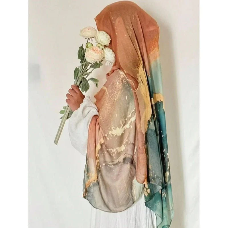 Bohemian Watercolor Marble Hijab | Muslim Women's Artistic Modal Headscarf in Ombre(MH124) - Image 7