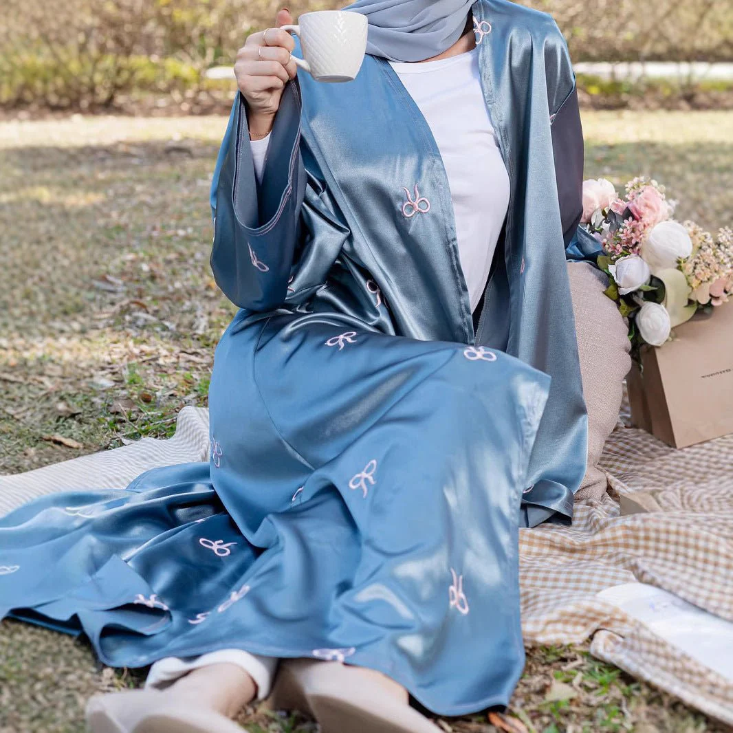 Bow Embroidered Glossy Open Abaya (MOA102) - Image 11