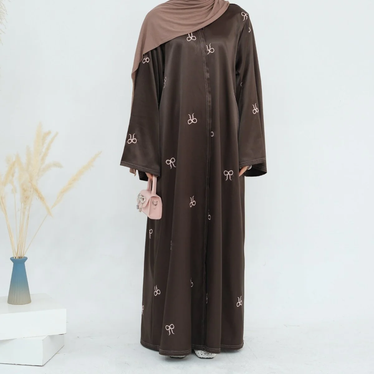 Bow Embroidered Glossy Open Abaya (MOA102) - Image 4