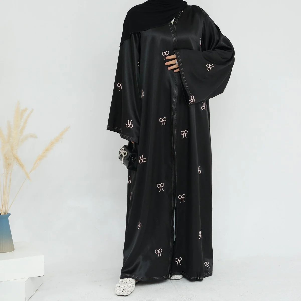 Bow Embroidered Glossy Open Abaya (MOA102) - Image 6