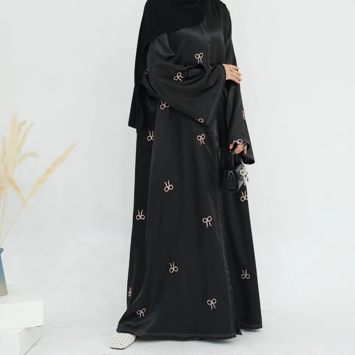 Bow Embroidered Glossy Open Abaya (MOA102) - Image 7