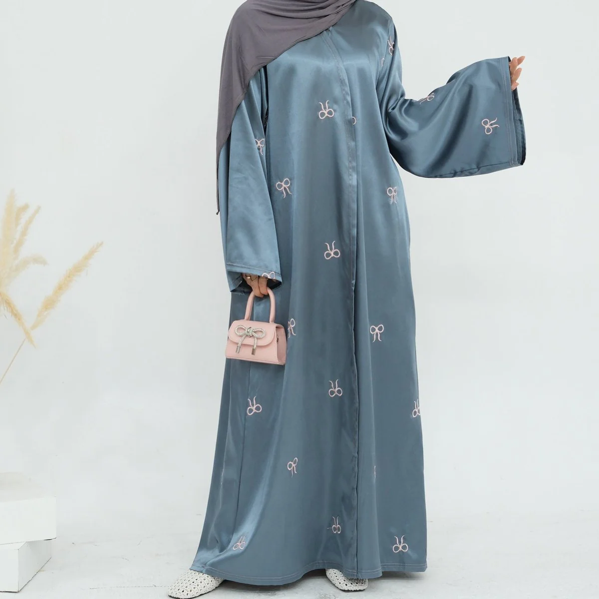 Bow Embroidered Glossy Open Abaya (MOA102) - Image 8