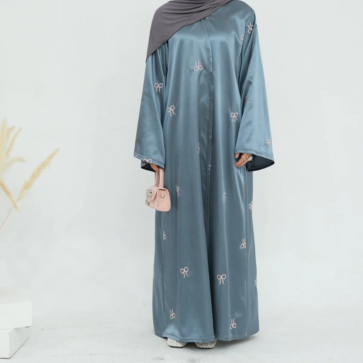 Bow Embroidered Glossy Open Abaya (MOA102) - Image 9