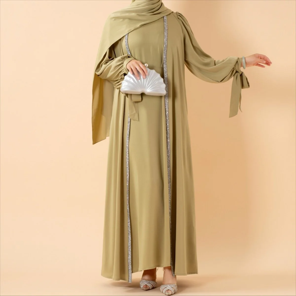 Bow Tie Sleeve Abaya Set With Long-sleeve Inner Dress (MOA026) - Image 22