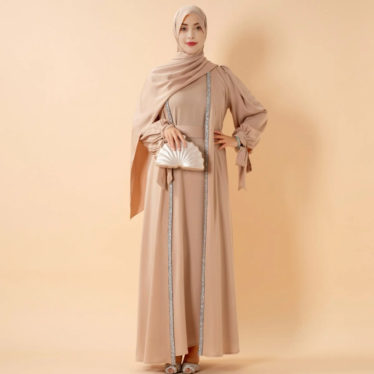 Bow Tie Sleeve Abaya Set With Long-sleeve Inner Dress (MOA026) - Image 3