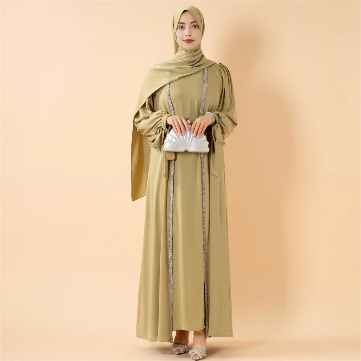 Bow Tie Sleeve Abaya Set With Long-sleeve Inner Dress (MOA026) - Image 6