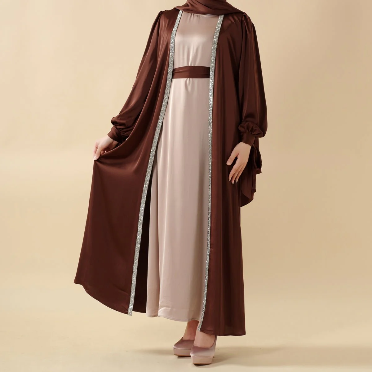 Bow Tie Sleeve Abaya Set With Long-sleeve Inner Dress (MOA026) - Image 7
