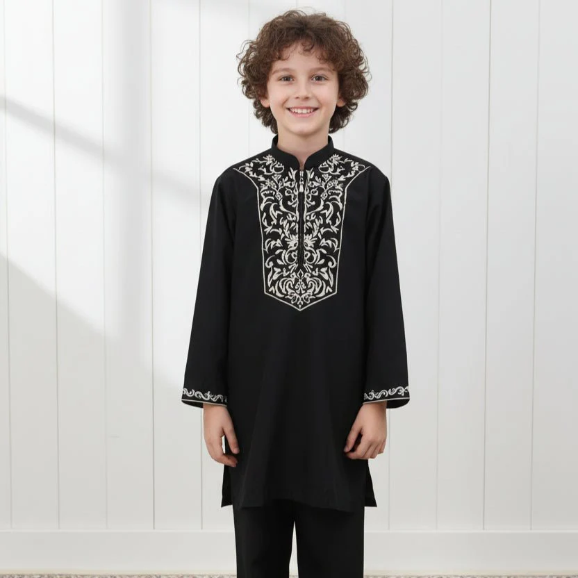 Boys Black Embroidered Tunic & Pants Set (MKB021)