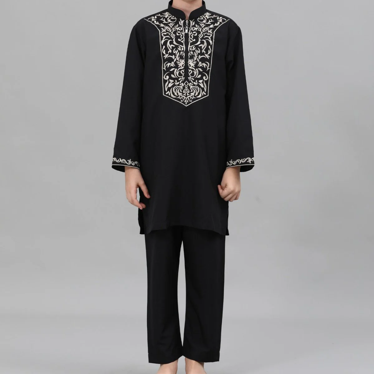 Boys Black Embroidered Tunic & Pants Set (MKB021) - Image 2