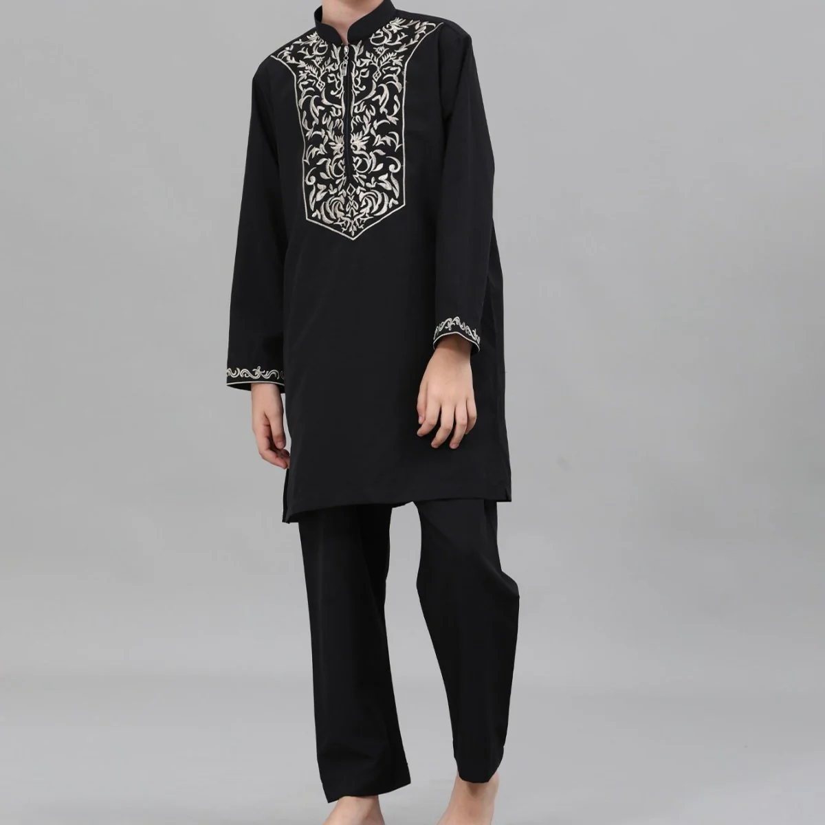 Boys Black Embroidered Tunic & Pants Set (MKB021) - Image 3