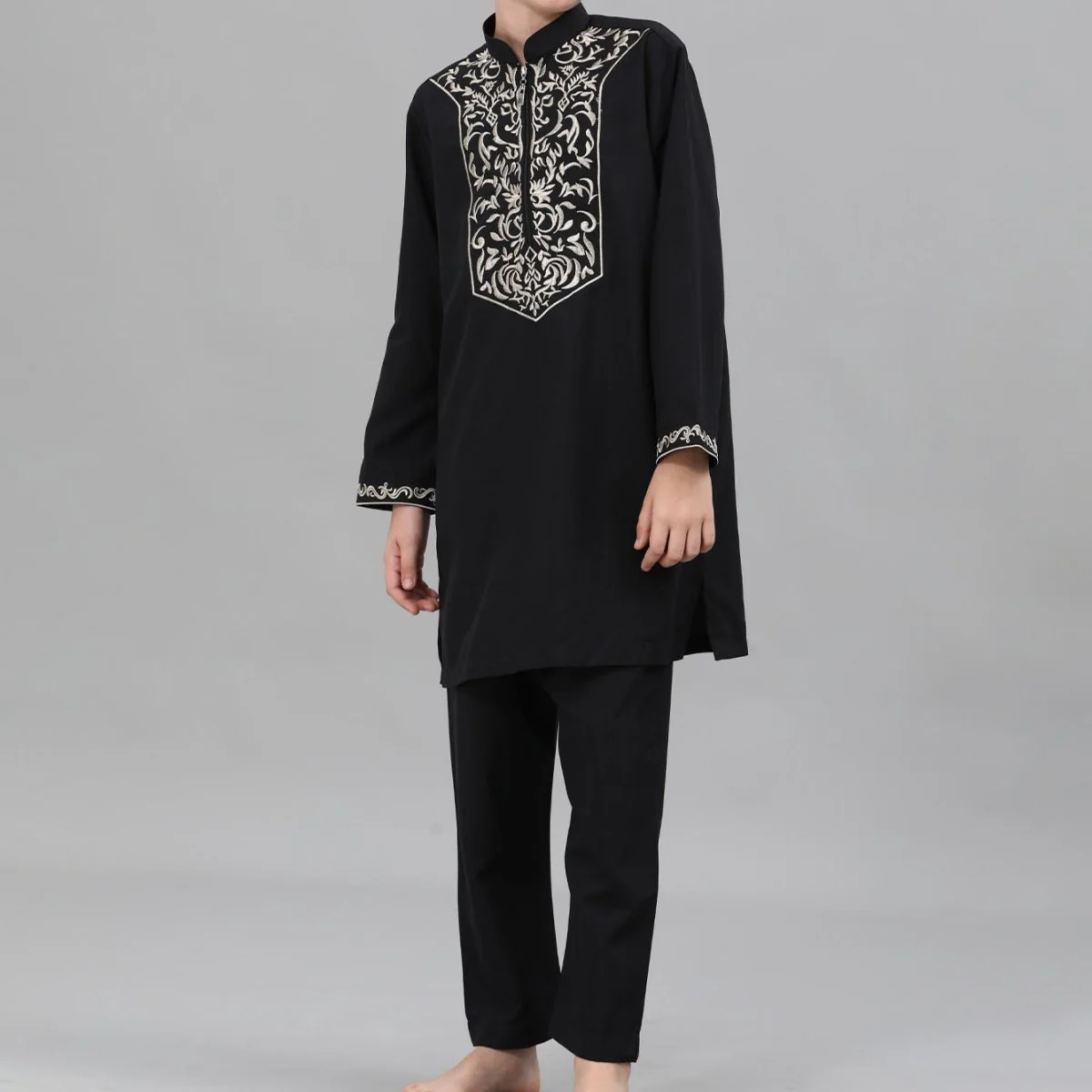 Boys Black Embroidered Tunic & Pants Set (MKB021) - Image 4